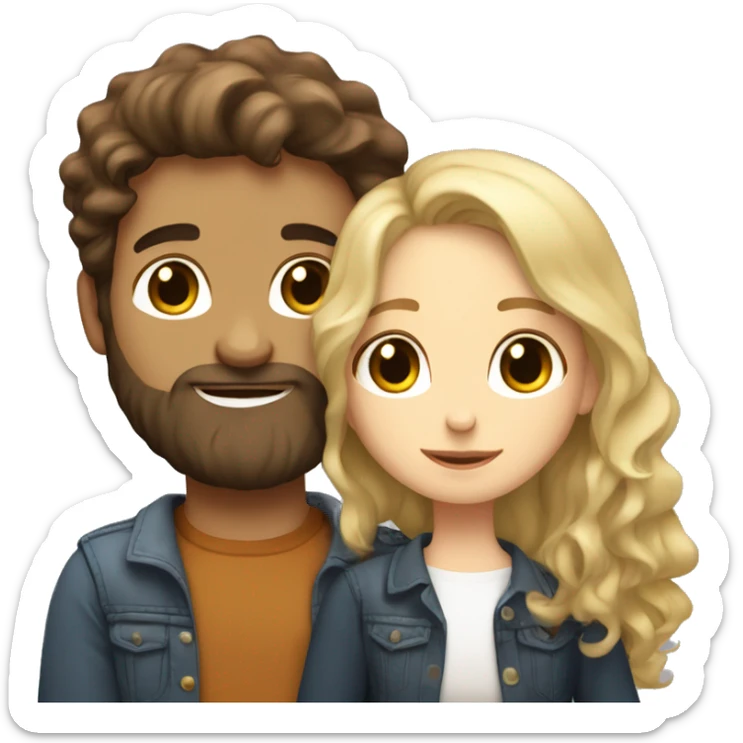 Brunette girl with Brown wavy hair hugging blond boy and white skin whit a beard lovingly couple sticker