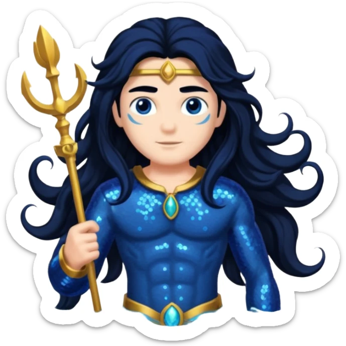 Neptune, God of Sea from Gods and Goddesses with long jet black hair, dark blue sequin outfit sticker