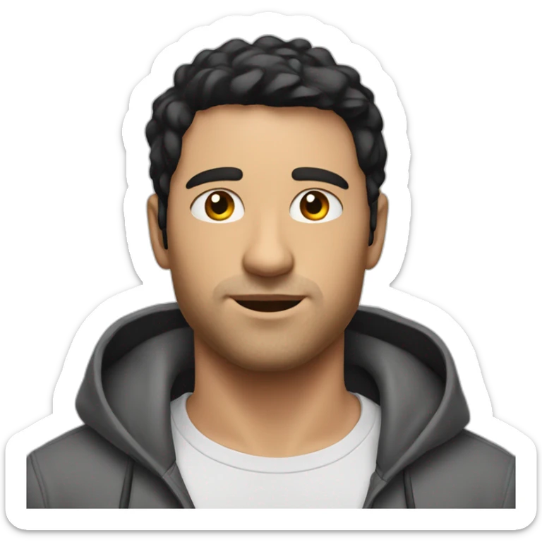 A white man with short black hair and a stubble in a white t shirt and a scarlet hoodie sticker