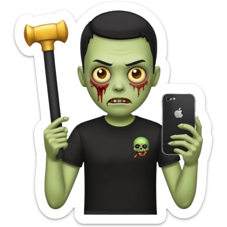zombie emoji with buzz cut black hair and black t-shirt  iPhone stick  sticker