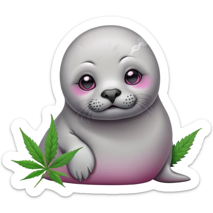 Grey slim baby seal Smoking cannabis weeds with pink eye looks tired sticker