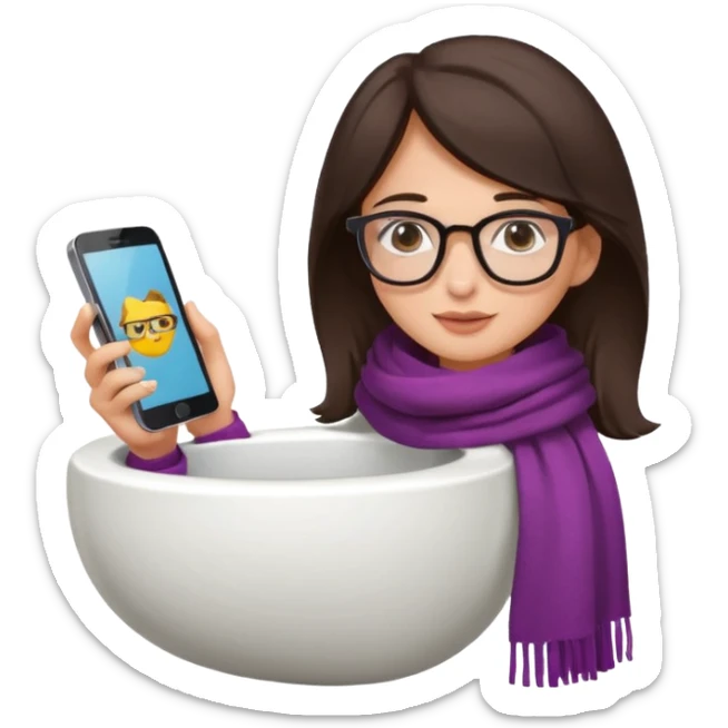 Fille châtain foncé avec lunettes. Elle porte une grosse écharpe. Elle est dans une cuvette de toilette. Téléphone en main sticker