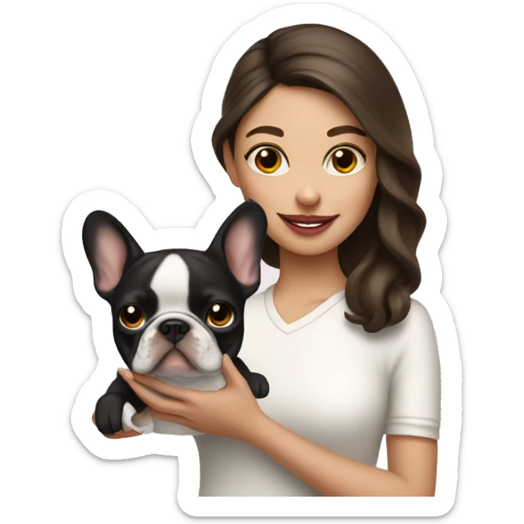 brunette girl holding cream french bulldog  sticker