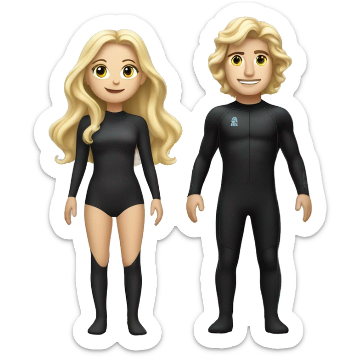blonde white woman long hair wearing all black standing next to Jack Schlossberg in a wetsuit sticker