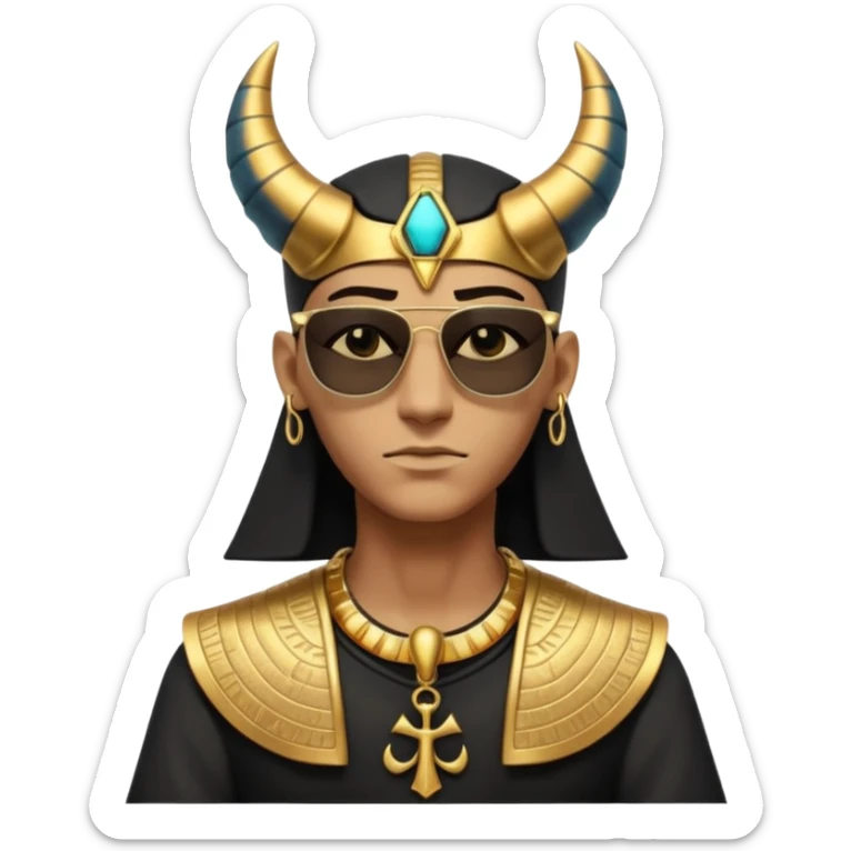 3D cartoon horned character portrait, wearing sunglasses, gothic ancient Egyptian style, pharaoh collar, dark gold and black outfit, ankh symbols, Egyptian jewelry, mysterious expression, soft dramatic lighting, centered, clean background, no text, no watermark sticker