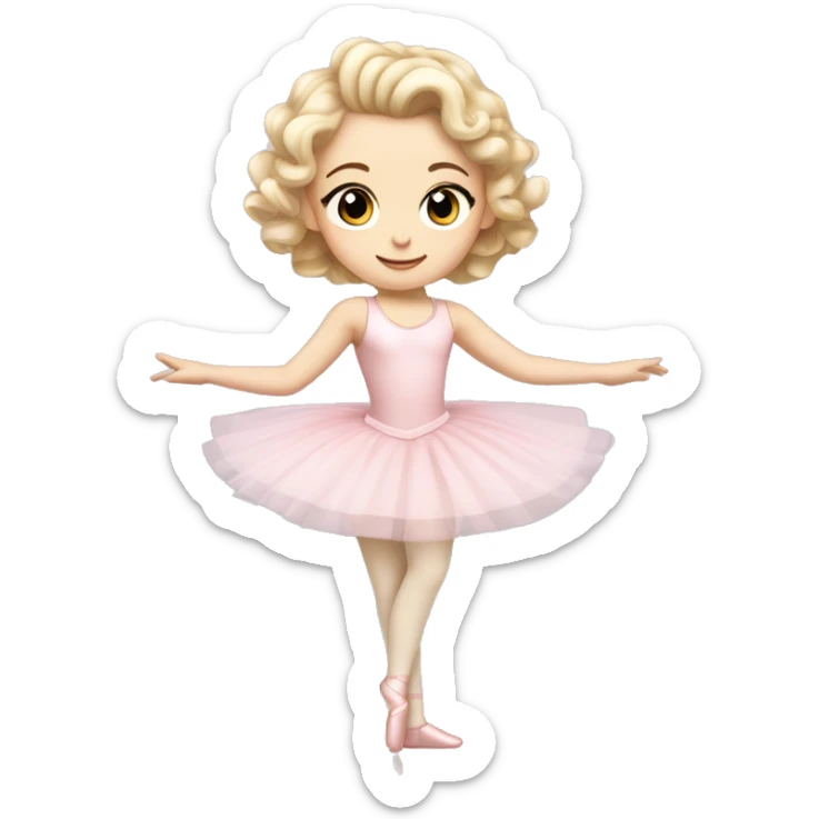 little girl with pale skin curly blonde hair and brown eyes wearing a light pink ballet outfit doing a ballet pose sticker