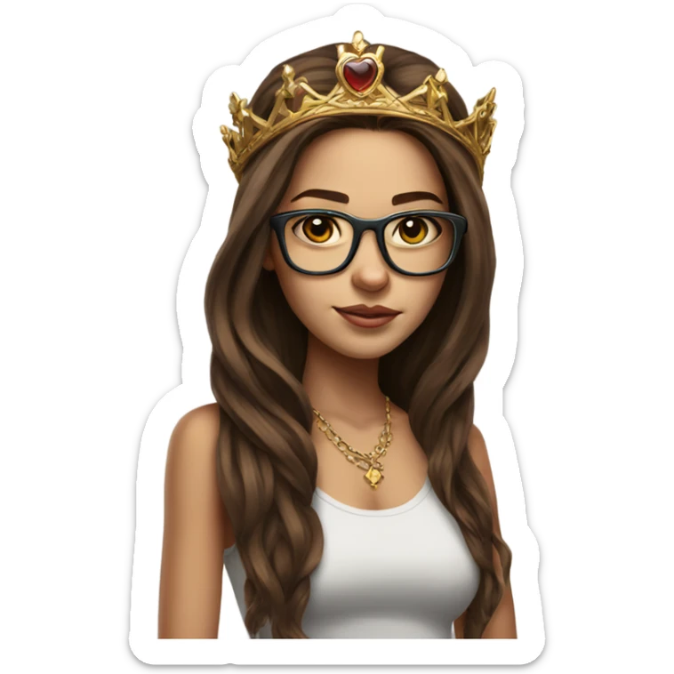 Hyperrealistic girl with long brown hair wearing a crown and glasses tattoos laptop sticker