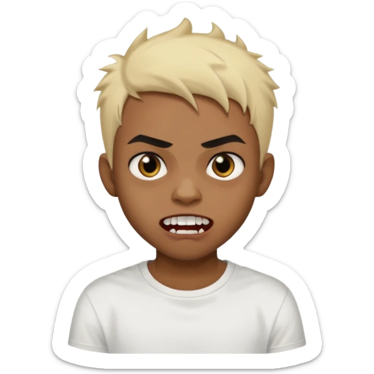 Black Male Teenager with Short punk messy blonde hair, Dark brown bushy eyebrows large expressive golden-brown eyes, wearing a plain white t-shirt, Dark Brown skin color. vampire tooth sticker