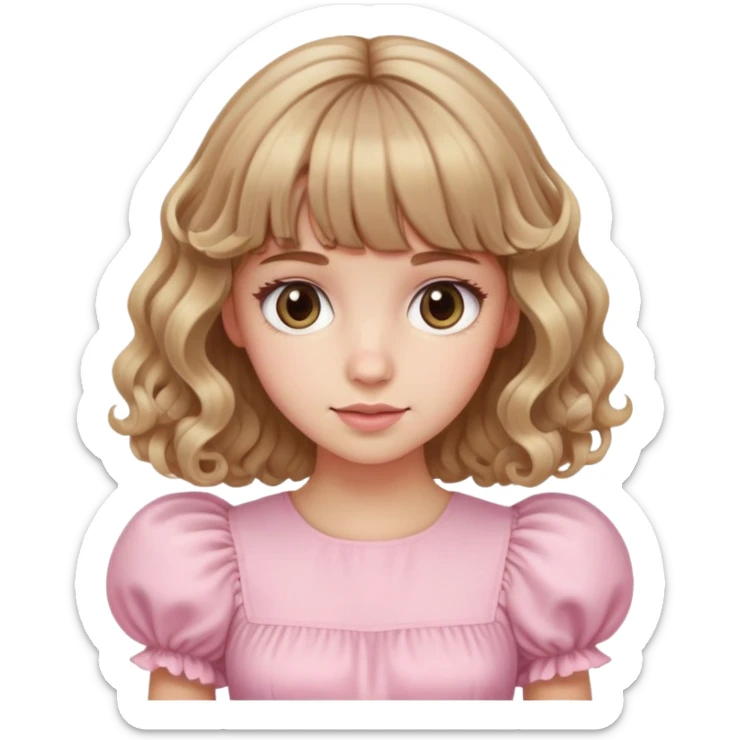 white or light brown girl with bangs, long light brown hair with curly blonde highlights, wearing a pastel pink dress with puff sleeves sticker