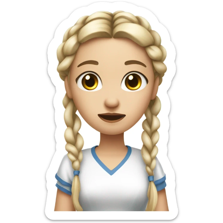 "A young woman with braided blond hair, fair skin, and a lively but slightly worried expression. She wears a simple dress, holding a brush with wite paint dripping from it." sticker