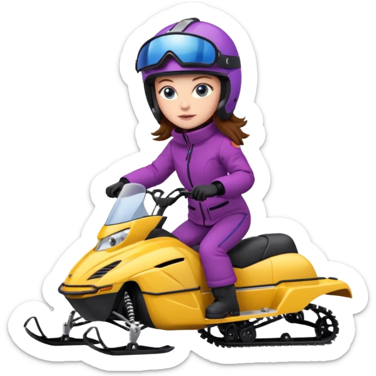 Brown hair, blue eyes, Woman wearing red coat  on purple and yellow snowmobile sticker