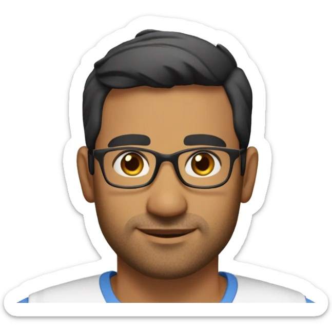 A head and shoulders shot of a 36 year old South Asian man, with short black hair, with stubble facial hair,  wearing glasses with brown eyes wearing a t-shirt. sticker