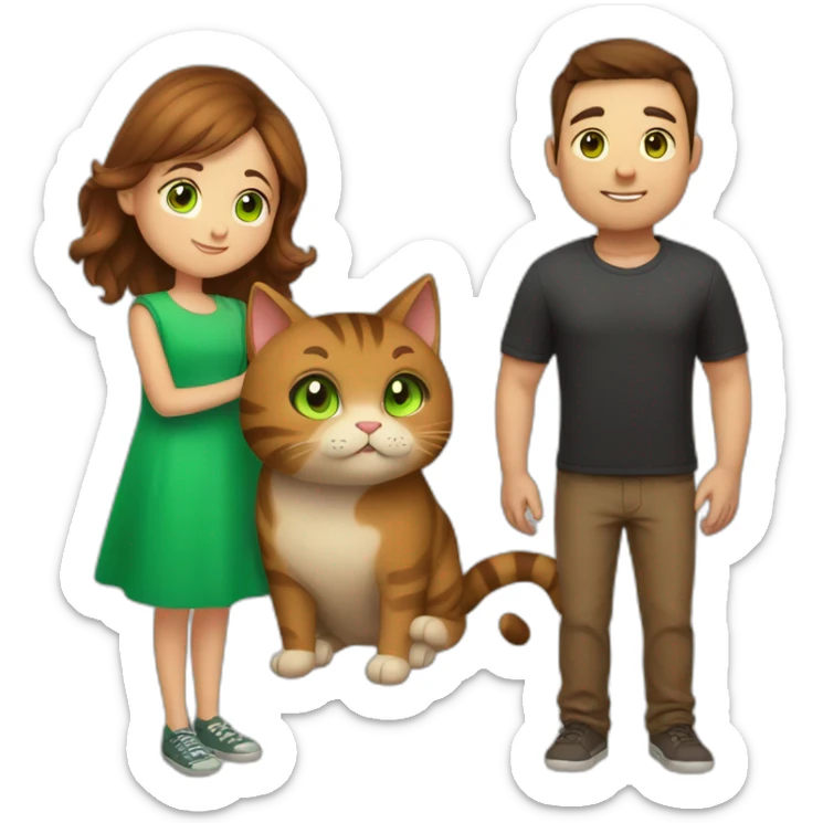 Girl with brown hair. boy with brown hair and green eyes and hugs brown fat cats sticker