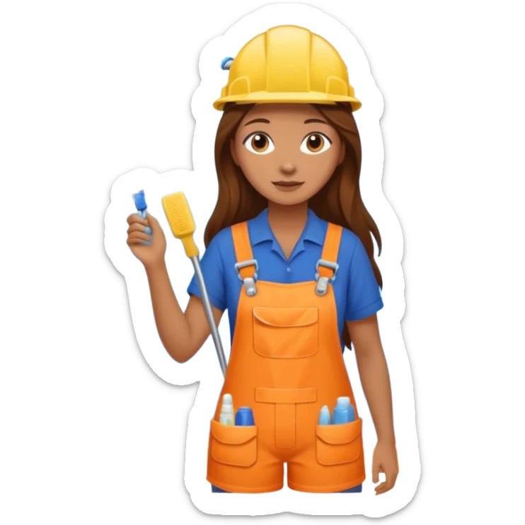 beautiful girl with long brown hair constructing new bathroom area with new shower and amenities  sticker