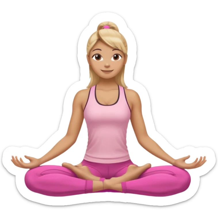 Mujer color de piel moreno clara, con cabello balayage rubio con castaño suelto y lacio y largo usando un top rosa deportivo y leggins deportivo rosa en una pose de yoga sentada, viendo hacia enfrente con ojos negros y sonriendo sin mostrar los dientes sticker