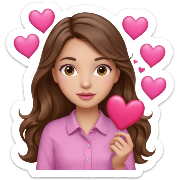 girl with long wavy brown hair, brown eyes, light to medium complexion, in a pink shirt, pink lips, long lashes, many  hearts in hand sticker