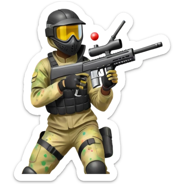 A dynamic scene of a player in action, holding a paintball gun and wearing protective gear. The background shows a vibrant paintball field with obstacles, colorful splatters of paint in the air, and an intense, competitive atmosphere. sticker