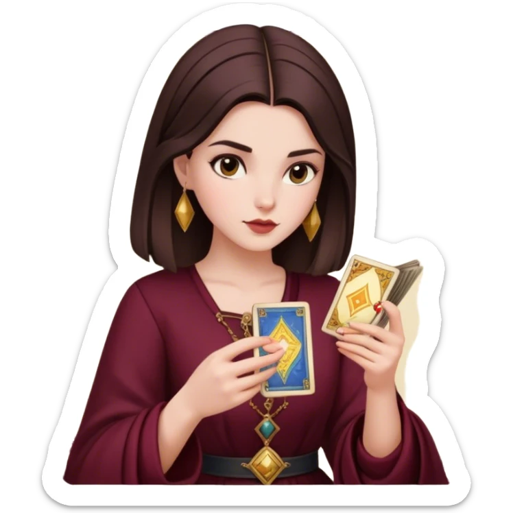 a brunette girl with a square hairstyle, reading tarot cards Burgundy sticker