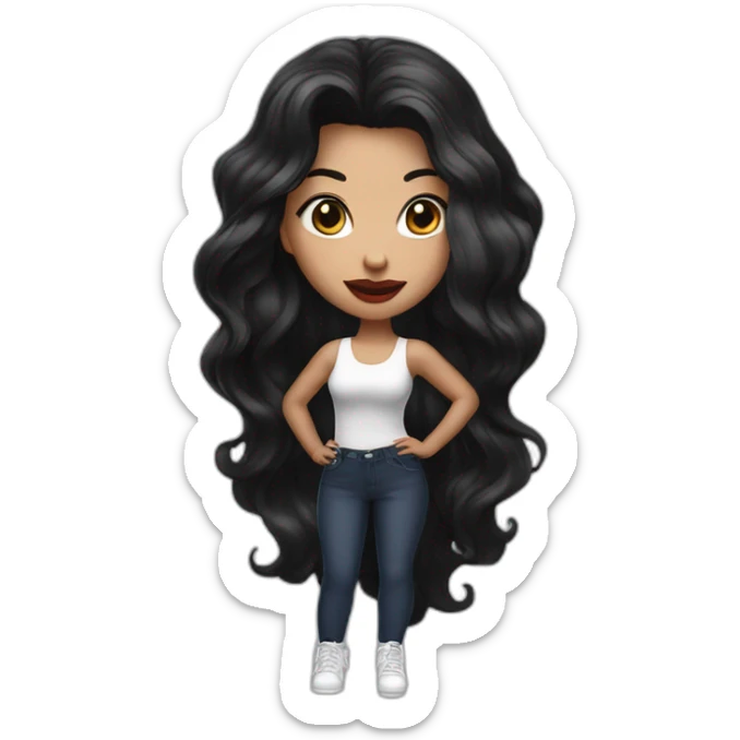 wite girl with wavy long black hair and juicy lips posing sticker