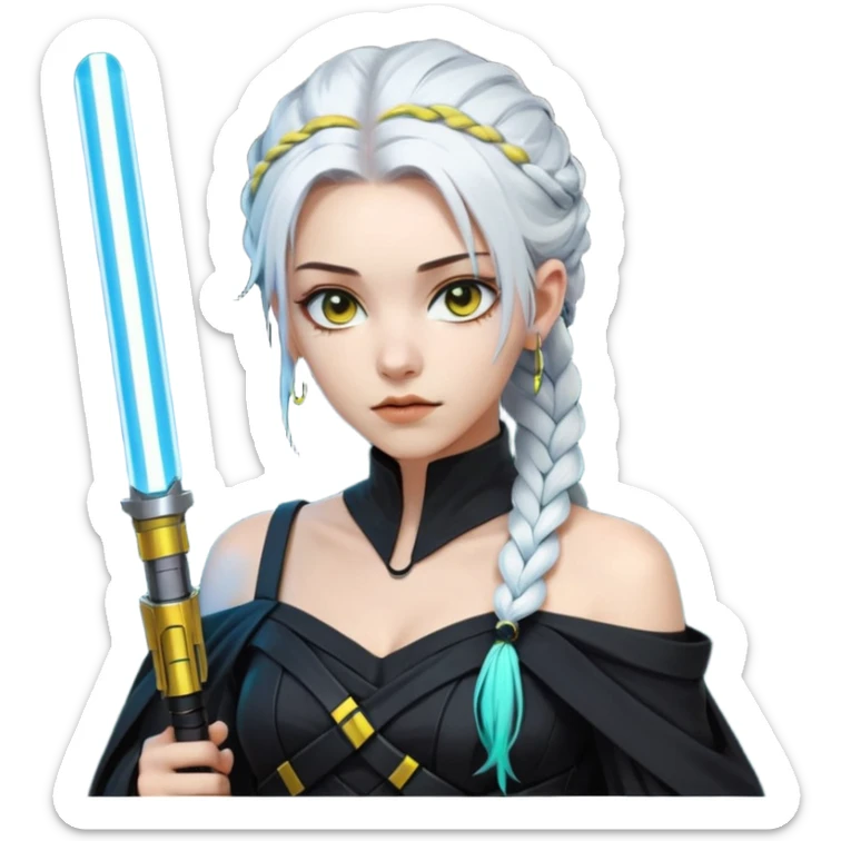  a closeup portrait of young woman with gold yellow eyes, white hair, long braid, black off-shoulder top, punk gothic style, futuristic cyberwave cyberpunk,  jedi attire and posture robes of a padawan, foreweilding a bright blue-green lightsaber sticker