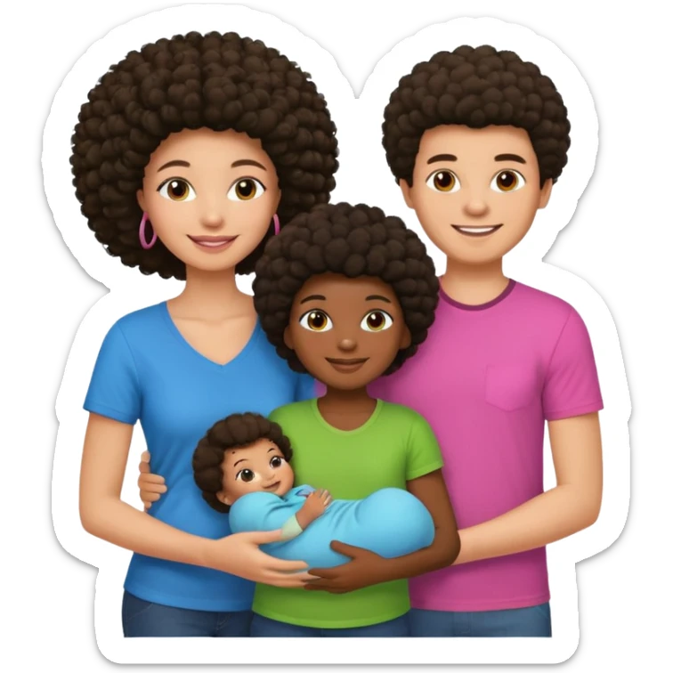 Family with a dark woman only with an afro hairstyle and a green shirt, two children: a boy with straight hair and a blue shirt, and a baby girl in a pink shirt. All are smiling. sticker