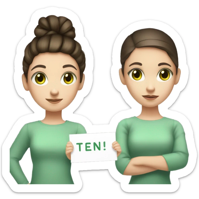young girl with brunette hair tied up in a high bun and brunette hair, light green eyes the girl who is holding a sign with a ten sticker