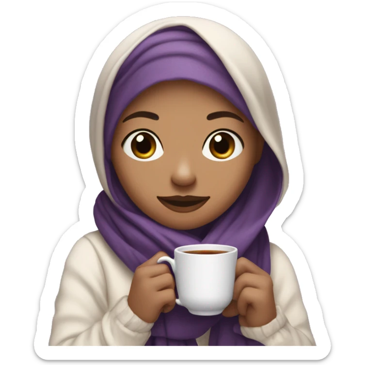 A veiled white scarf, light skin color, dark brown-eyed girl holding a tea cup in her hands and a purple and black cashmere scarf on her shoulders cute sticker
