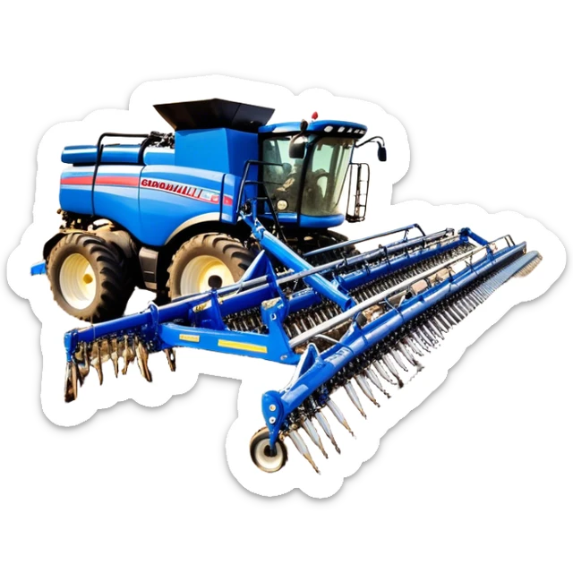 Bourgault 3420 Paralink Hoe Drill (2022) – Cinematic-realistic Bourgault 3420 Paralink Hoe Drill, its massive blue frame stretching across the vast fields. The powerful machine plants seeds with pinpoint accuracy as the sun rises over the horizon, golden dust swirling in the crisp morning air. sticker