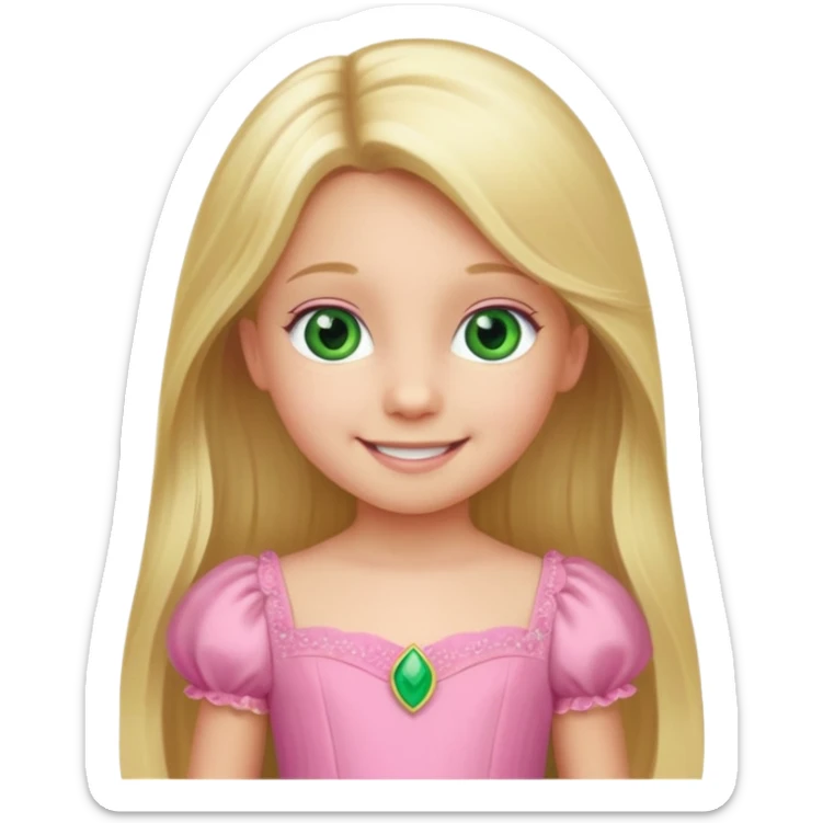 a 5 year old girl with long blond hair green eyes wearing a pink gown sticker