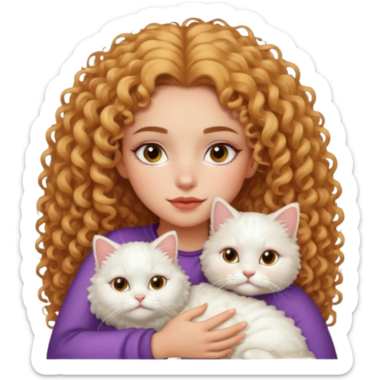lightskin girl with frizzy curly hair, clean girl makeup, snuggling with a white Persian cat sticker