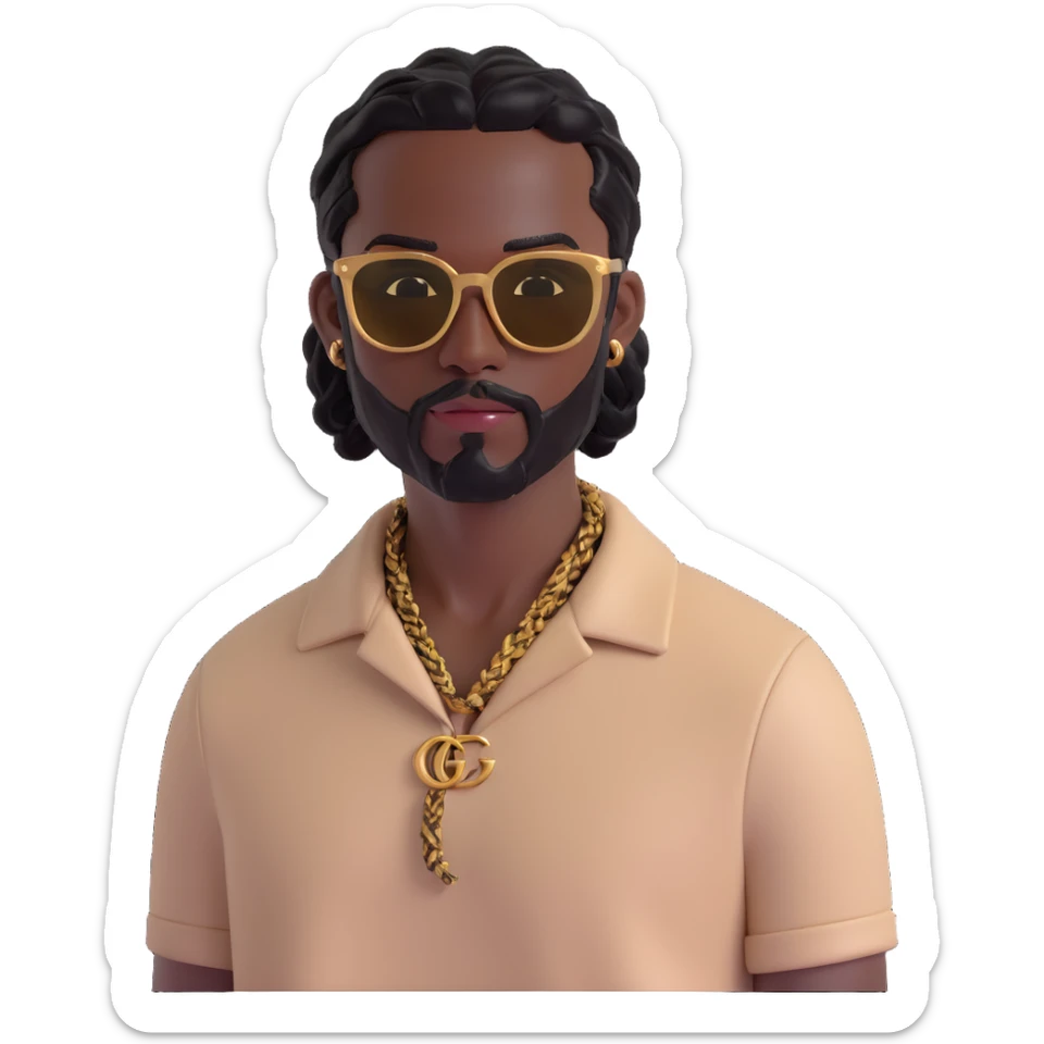3D emoji of a man with dark skin, black hair in small braids, well-groomed beard, rectangular gold sunglasses, light beige Gucci top with GG monogram pattern, visible collar sticker