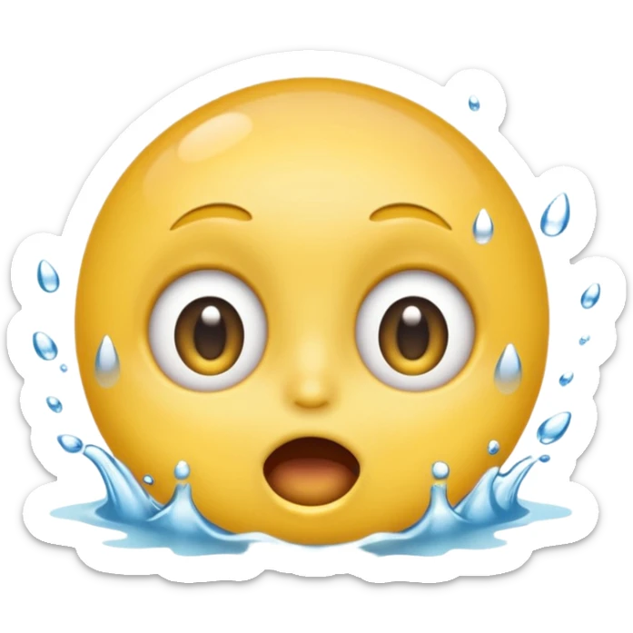 Classic yellow emojis face with super wide eyes and a large open mouth and a splash of water hitting its face sticker