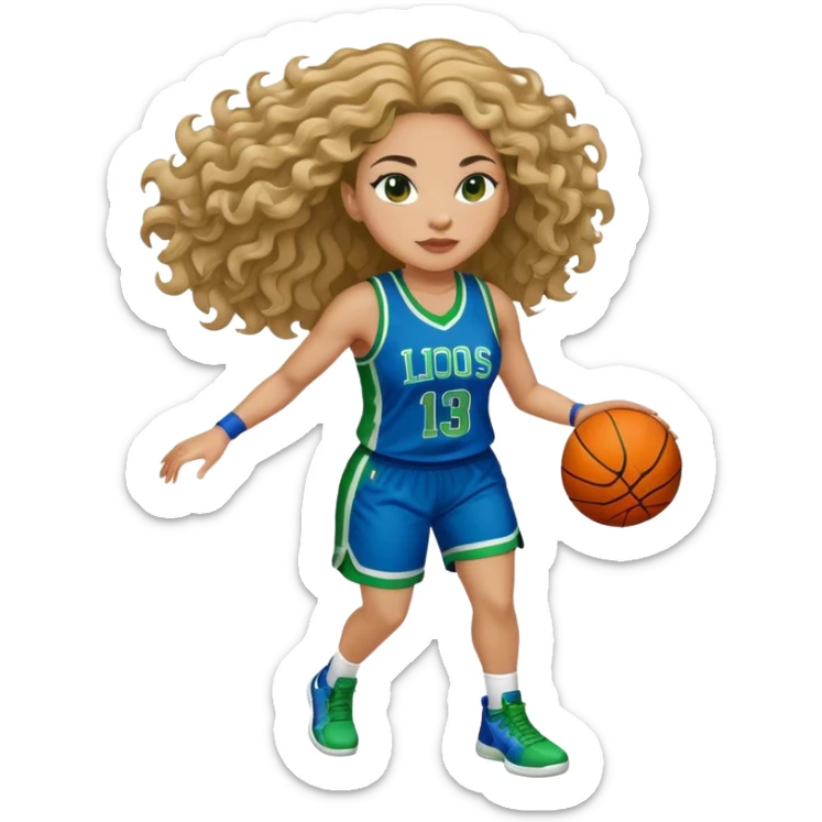 full figure light latino women basketball player with wavy hair wearing blue and green uniform sticker