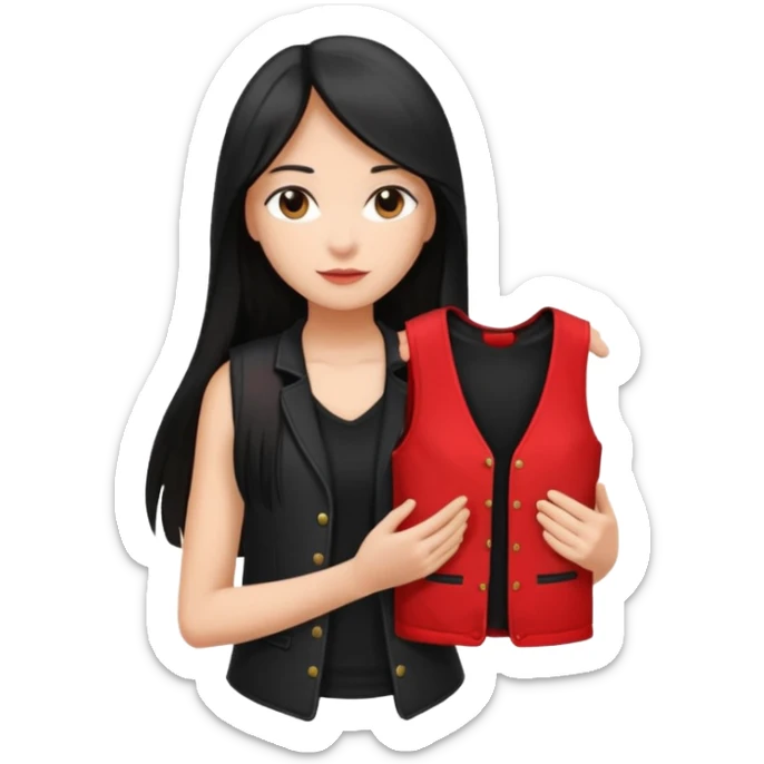 Girl with long light black straight hair and black vest and red and black stack of clothes on hands   sticker