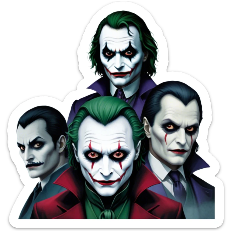 Thriller Movie Icon: A dark, intense collage with close-up images of iconic thriller characters like 1 Joker, 1 Hannibal Lecter, and 1 Vlad Dracula. The background features a moody Gotham City skyline, with shadowy figures and fog. Atmospheric, suspenseful tone. Transparent background. sticker