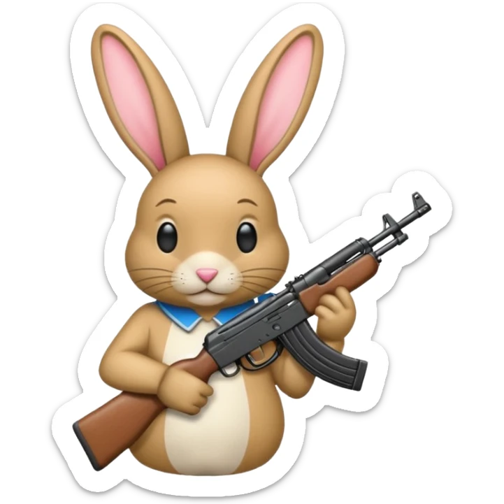 Crea un emoji de un conejo sosteniendo una  Ak47 con pasamontañas enojado sticker