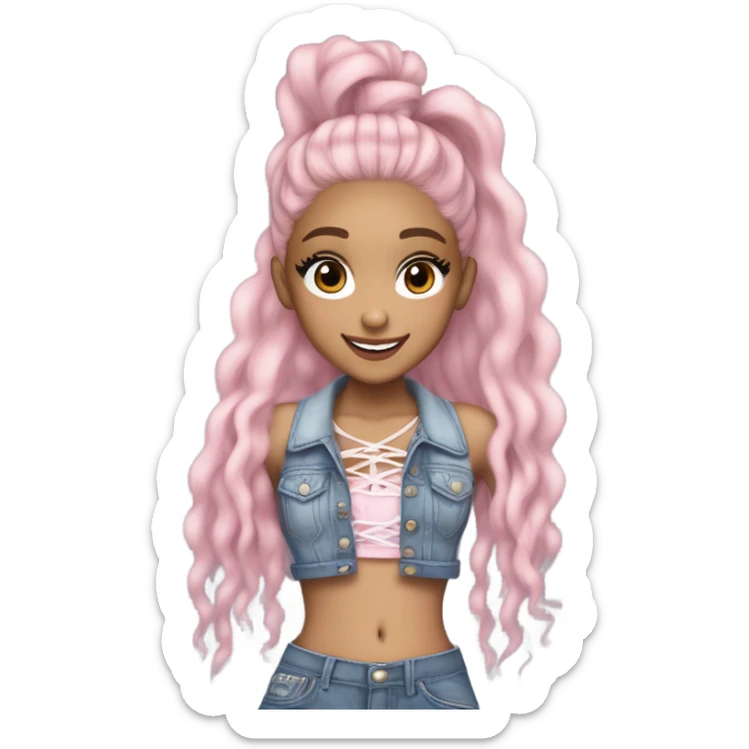 Ariana grande wearing a Shakira lace up croc top and short jeans and pink highlights  sticker