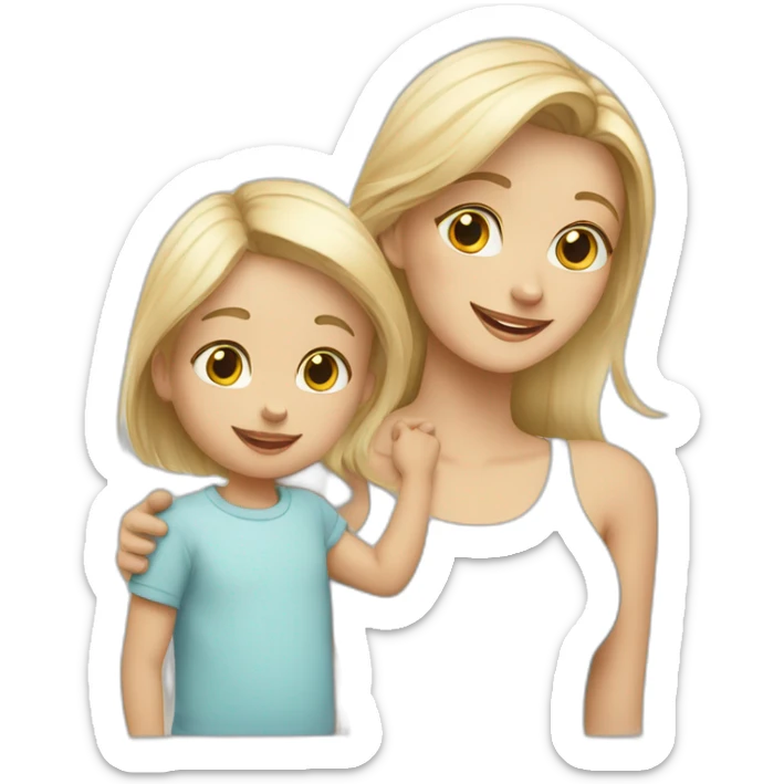 blond mother with straight blond hair, baby son with blond hair, brindle cat and white cat with gray spots sticker