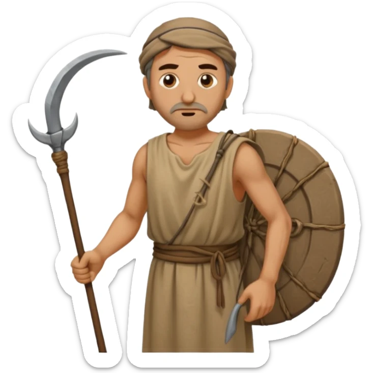 Emoji portrait of a Greek peasant. Rough chiton dress, holding a scythe, tired expression. sticker