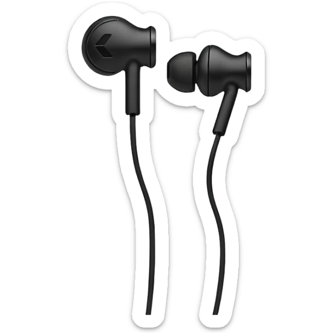 Minimal emoji, simple wired earphones sculpted from matte black metal, clean silhouette, fashion editorial minimalism, no motion effects, no glow, no neon, flat emoji style, centered, transparent background sticker