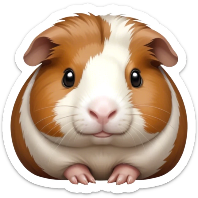 Cinematic Noble Brown and White Banded Guinea Pig Portrait Emoji, Poised and regal, with a compact, chubby build and a uniquely patterned coat of warm brown and crisp white banding, deep-set soulful dark eyes, Simplified yet sharp and sophisticated features, highly detailed, glowing with a soft, dignified glow, high shine, intelligent and charming, stylized with an air of distinctive elegance, focused and attentive, soft glowing outline, capturing the essence of a watchful and confident companion, so majestic it feels as though it could scurry out of the screen with effortless authority! sticker