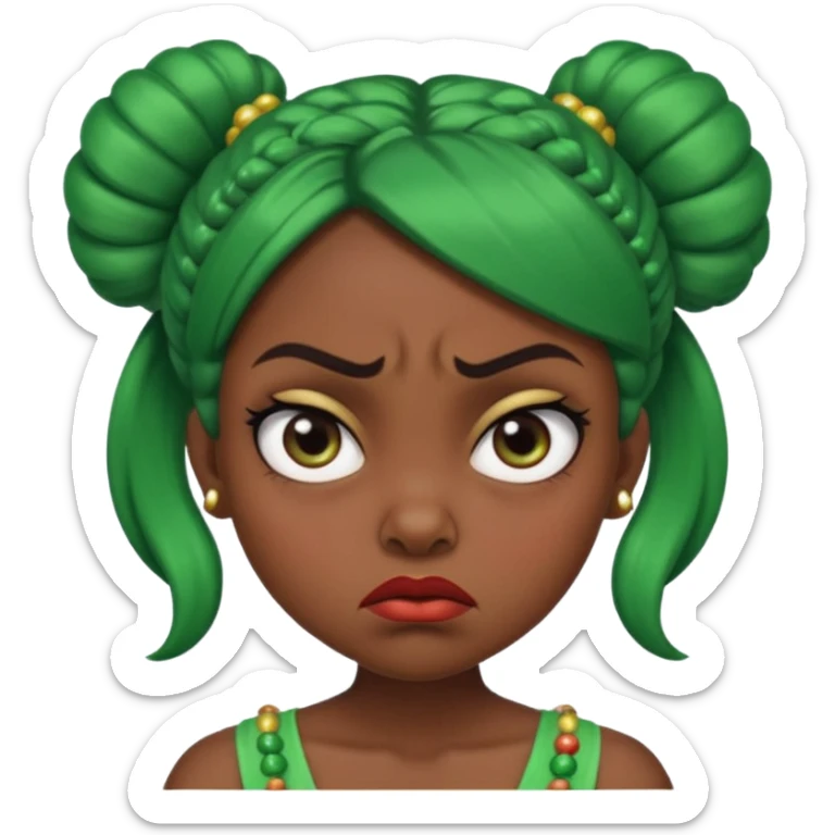 Create a 3D cartoon-style girl character with dark skin, round face, angry expression, big wide eyes, and tightly styled double buns made of green beaded hair. The girl should look irritated, eyebrows sharply angled, and lips pressed in a frown. sticker