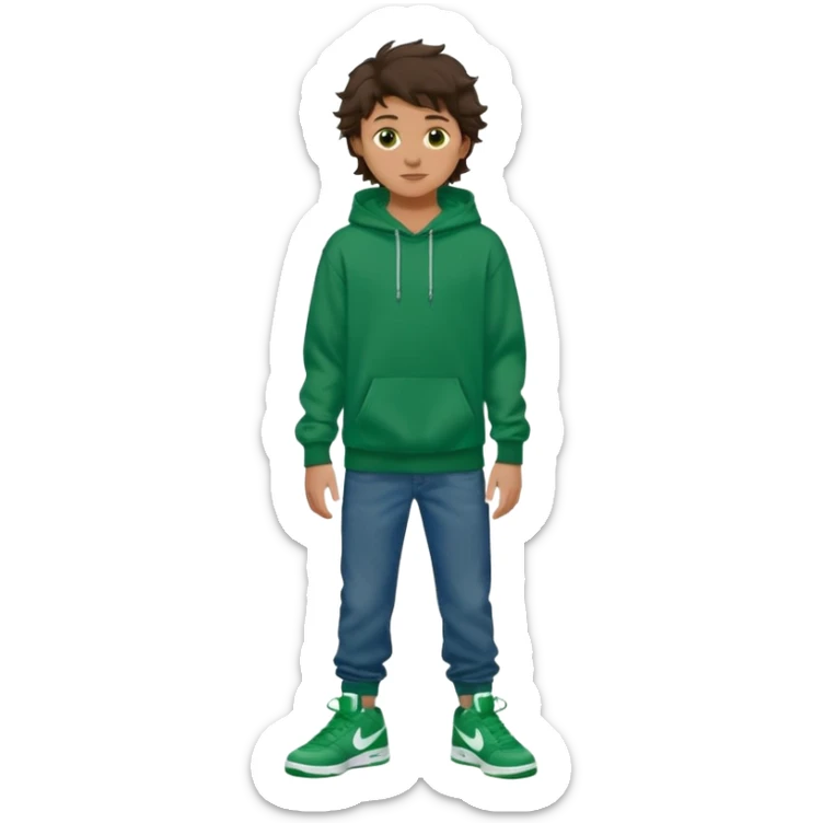 a 14 year old slightly tanned teenage boy with dark brown tousled wavy hair, dark brown eyes wearing a green tshirt, a dark green hoodie, blue jeans and green nike air jordans sticker