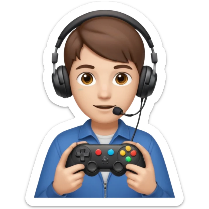 Una persona mirando al frente con un control de videojuegos y unos auriculares Gamer con micrófono sticker