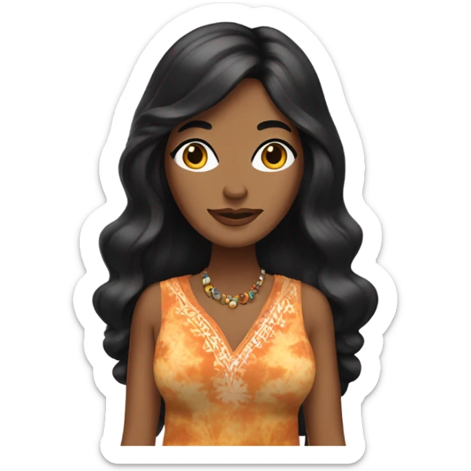 Tanned woman with black hair dressed in 1970s hippie attire, hair, makeup, and attire sticker