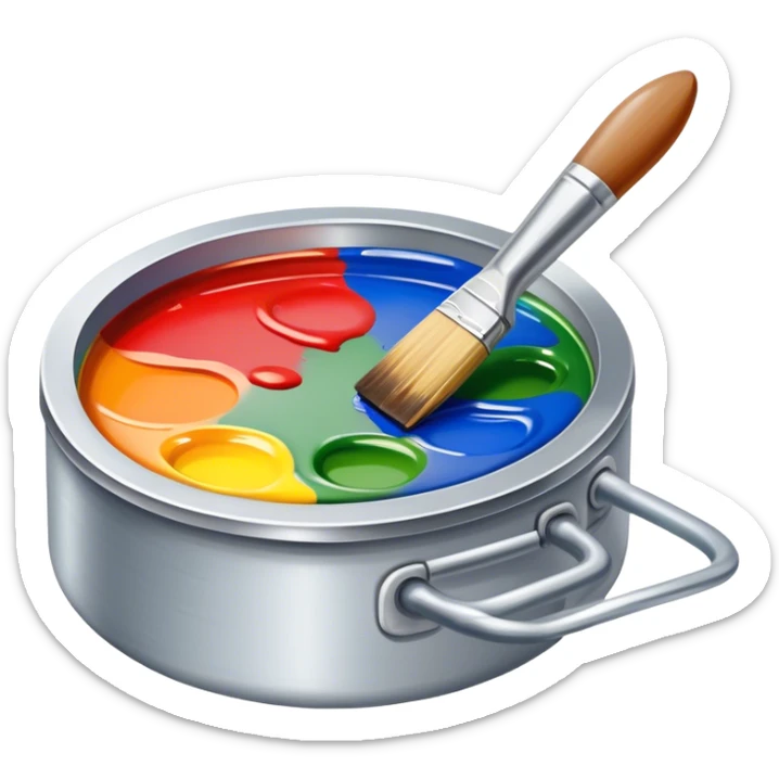 Metal painting icon, detailed work with a fine paintbrush on metal surface, vivid colors being applied to the surface of the object, visible brush strokes and paint pots, no finished artwork, just the process of painting, minimalistic style, clean lines, transparent background. sticker