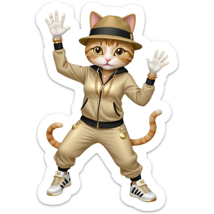 female cat wearing Run DMC hip-hop outfit with tracksuit, fedora, Adidas sneakers, many gold chains, rings, bracelets, flashy earrings, reaching up and catching a ball high in the air, no sunglasses sticker