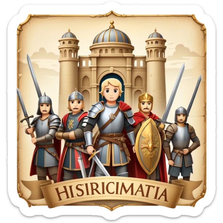 Icon for Historical Movies: A vintage movie poster-style design with elements of ancient architecture, historical figures in period costumes, and a backdrop of a historical event or battle. Include scrolls, swords, and shields. Retro cinematic feel. Transparent background. sticker