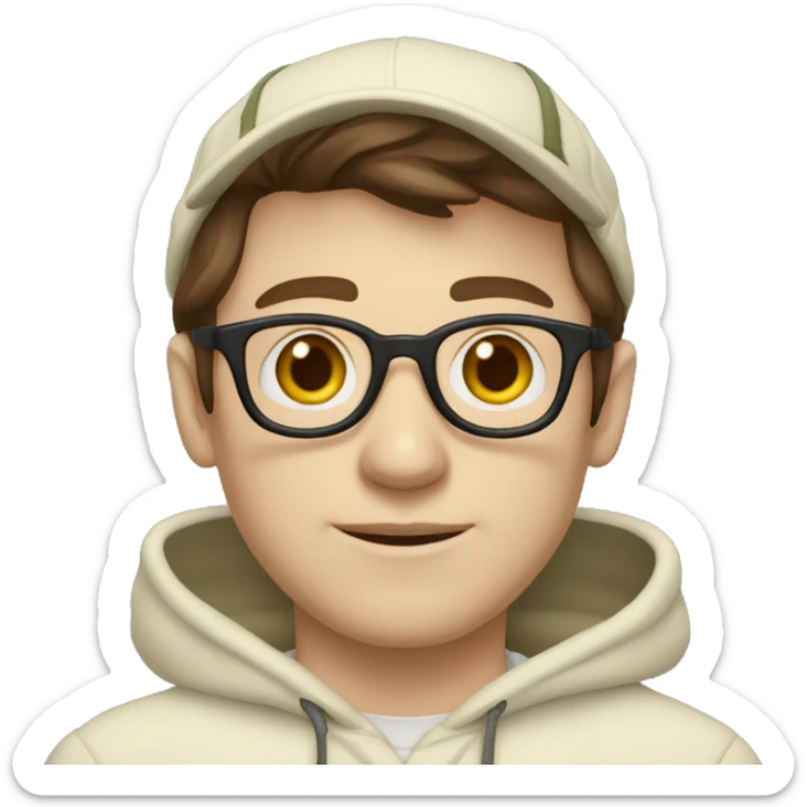 Man with brown hair and glasses wearing a cream hoodie, with a pale skin, and an university of oregon mesh hat sticker