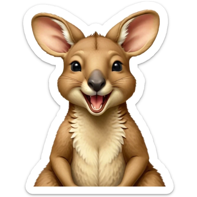 Cinematic Realistic Cute Yawning Kangaroo Portrait Emoji, Head tilted slightly with a dramatic, wide-open yawn, showcasing a soft, textured tawny coat with gently drooping ears and half-closed, drowsy eyes, rendered in exquisite natural detail, high shine, relaxed yet expressive, styled with a dash of rustic charm, soft glowing outline, capturing the essence of a sleepy yet affectionate kangaroo that appears ready to stretch out and settle into a peaceful nap! sticker